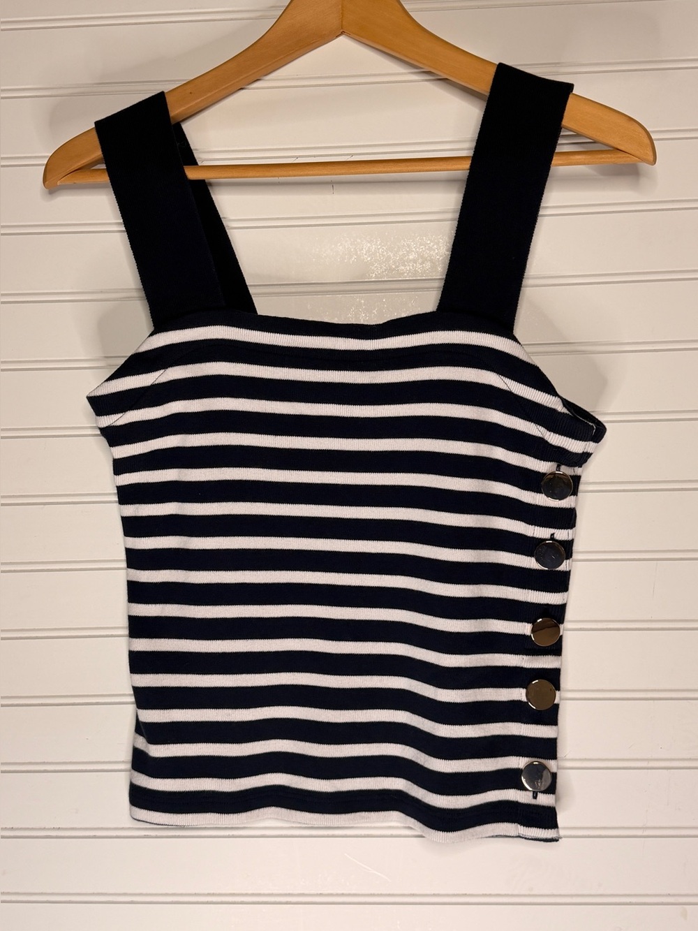 Ann Taylor Striped Navy & White Tank Top with Gold Side Buttons, Size XS